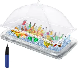 Leitee 3 Pcs Inflatable Serving Bar Kit Includes Glitter Inflatable Cooler with Cover and Inflator for Ice Supplies Graduation Wedding Summer Pool Party Camping Picnic(Silver)