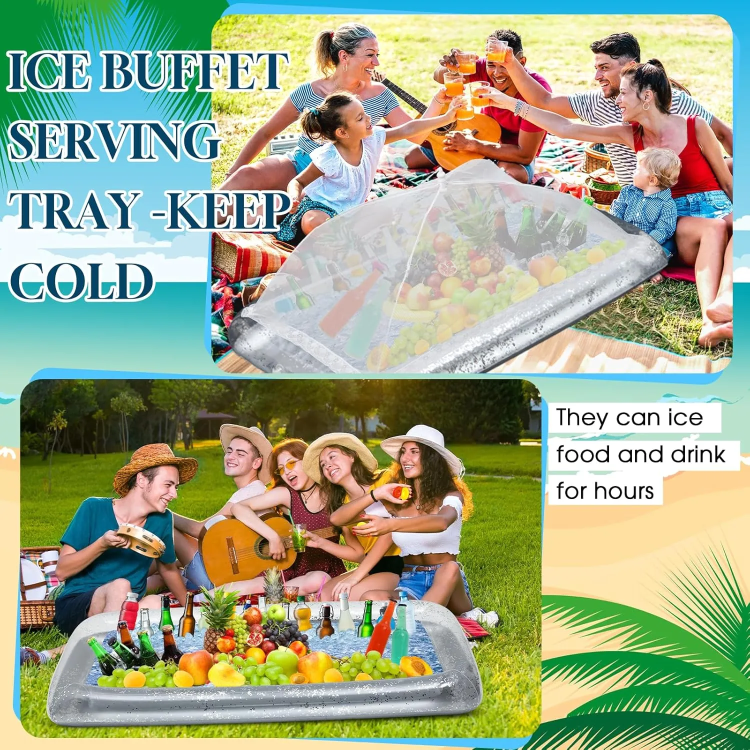 Leitee 3 Pcs Inflatable Serving Bar Kit Includes Glitter Inflatable Cooler with Cover and Inflator for Ice Supplies Graduation Wedding Summer Pool Party Camping Picnic(Silver)