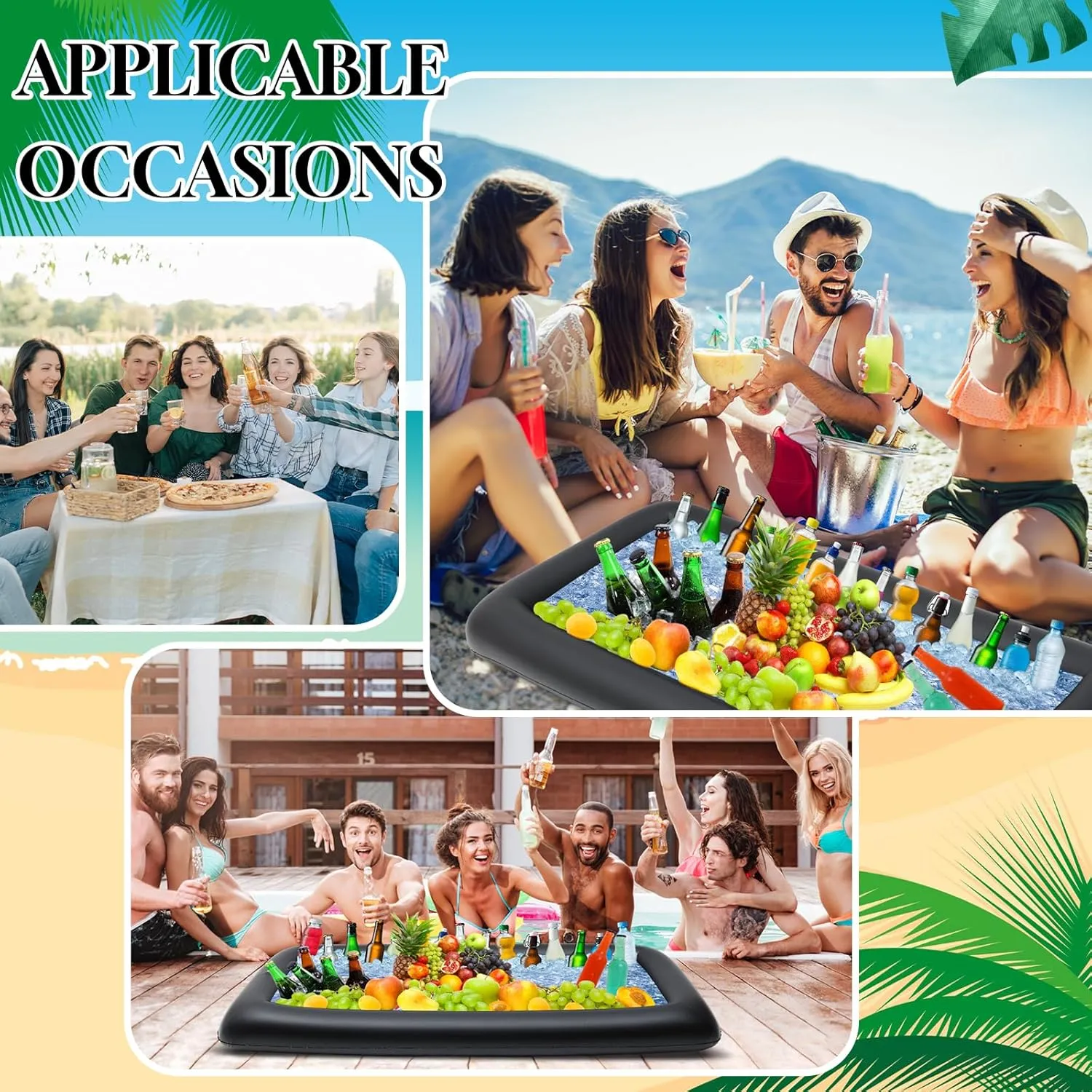 Leitee 4 Pcs Inflatable Ice Tray Serving Bar Buffet Set 2 Pcs Food Umbrella Mesh Covers Tent 2 Pcs Cold Food Cooler Buffet Server for Outdoor Salad Beverage Picnic Pool Party Supplies(Black)