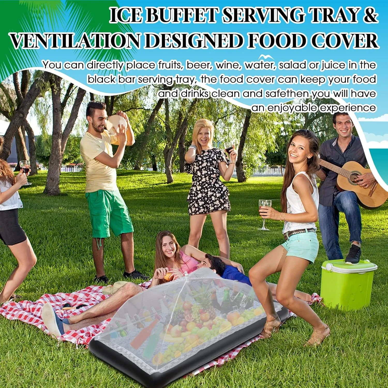 Leitee 4 Pcs Inflatable Ice Tray Serving Bar Buffet Set 2 Pcs Food Umbrella Mesh Covers Tent 2 Pcs Cold Food Cooler Buffet Server for Outdoor Salad Beverage Picnic Pool Party Supplies(Black)