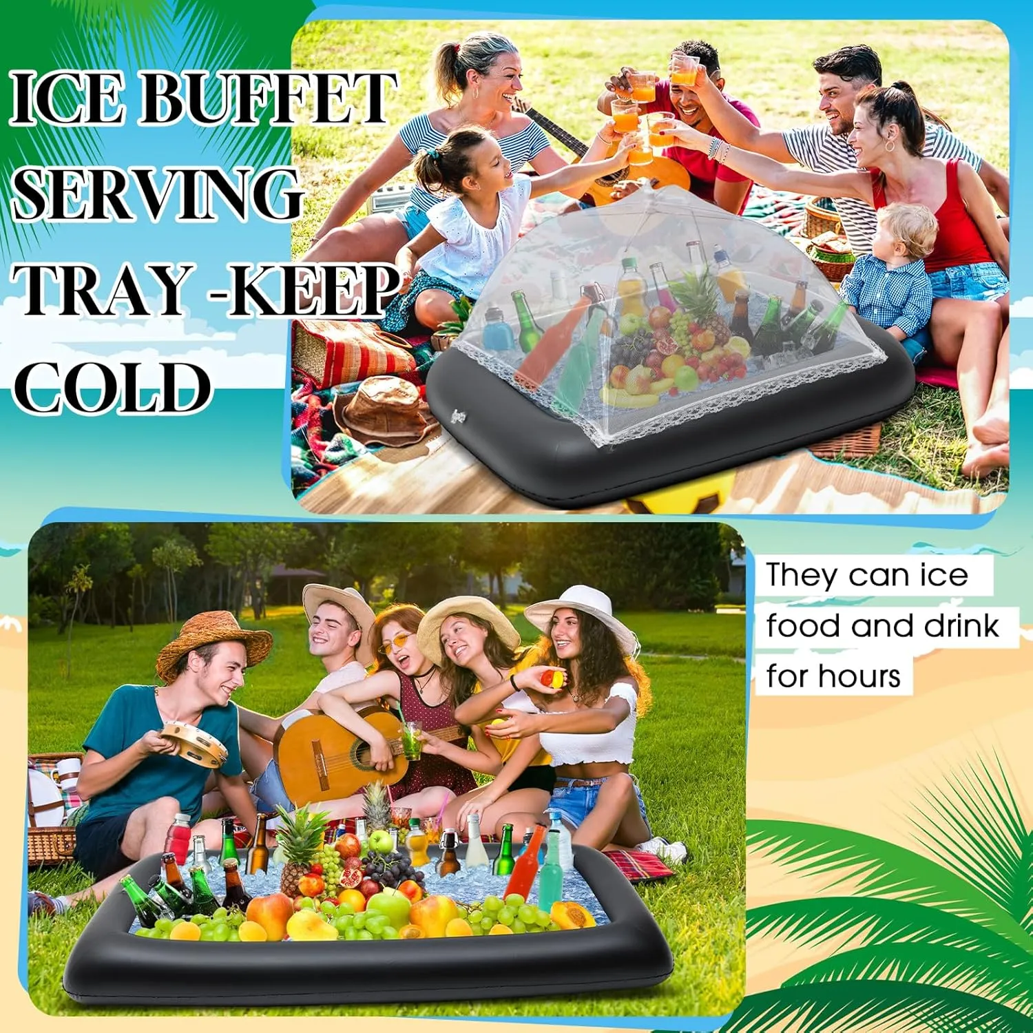 Leitee 4 Pcs Inflatable Ice Tray Serving Bar Buffet Set 2 Pcs Food Umbrella Mesh Covers Tent 2 Pcs Cold Food Cooler Buffet Server for Outdoor Salad Beverage Picnic Pool Party Supplies(Black)