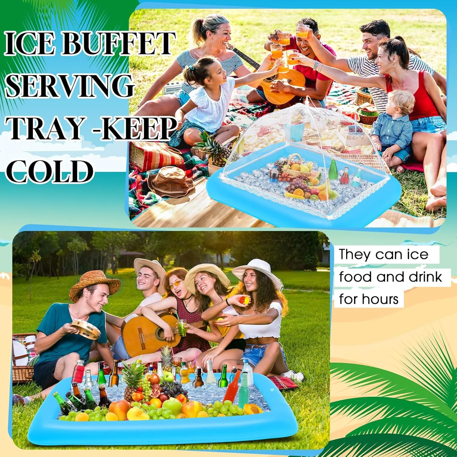 Leitee 4 Pcs Inflatable Ice Tray Serving Bar Buffet Set 2 Pcs Food Umbrella Mesh Covers Tent 2 Pcs Cold Food Cooler Buffet Server for Outdoor Salad Beverage Picnic Pool Party Supplies(Blue)
