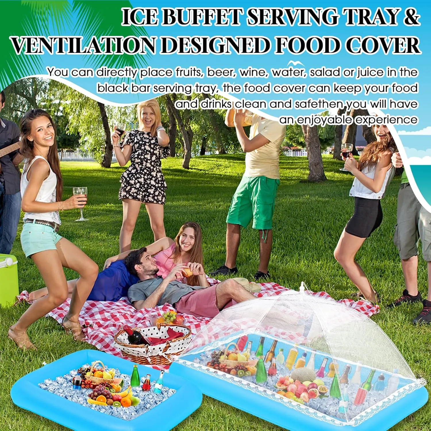 Leitee 4 Pcs Inflatable Ice Tray Serving Bar Buffet Set 2 Pcs Food Umbrella Mesh Covers Tent 2 Pcs Cold Food Cooler Buffet Server for Outdoor Salad Beverage Picnic Pool Party Supplies(Blue)
