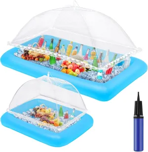 Leitee 4 Pcs Inflatable Ice Tray Serving Bar Buffet Set 2 Pcs Food Umbrella Mesh Covers Tent 2 Pcs Cold Food Cooler Buffet Server for Outdoor Salad Beverage Picnic Pool Party Supplies(Blue)
