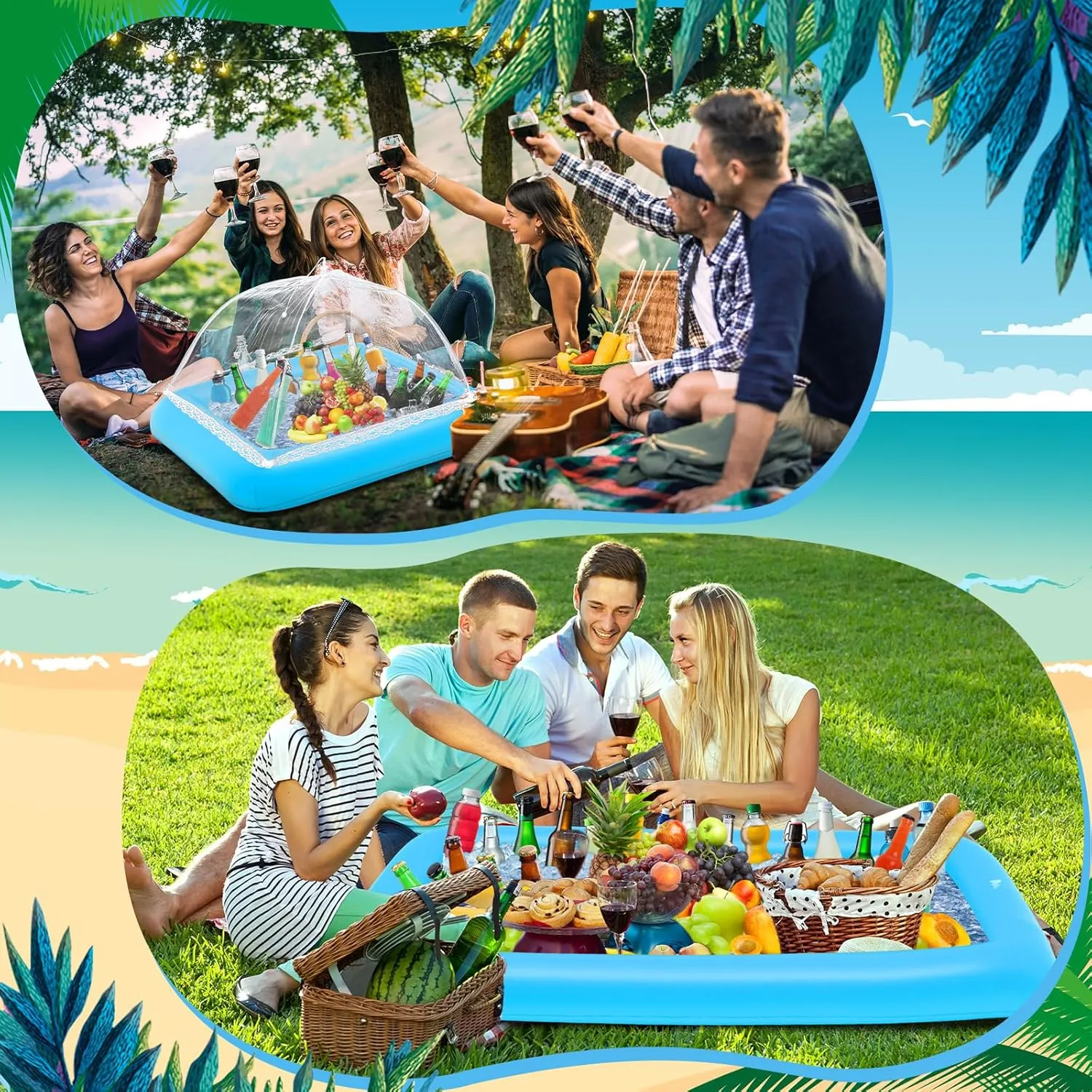 Leitee 4 Pcs Inflatable Ice Tray Serving Bar Buffet Set 2 Pcs Food Umbrella Mesh Covers Tent 2 Pcs Cold Food Cooler Buffet Server for Outdoor Salad Beverage Picnic Pool Party Supplies(Blue)