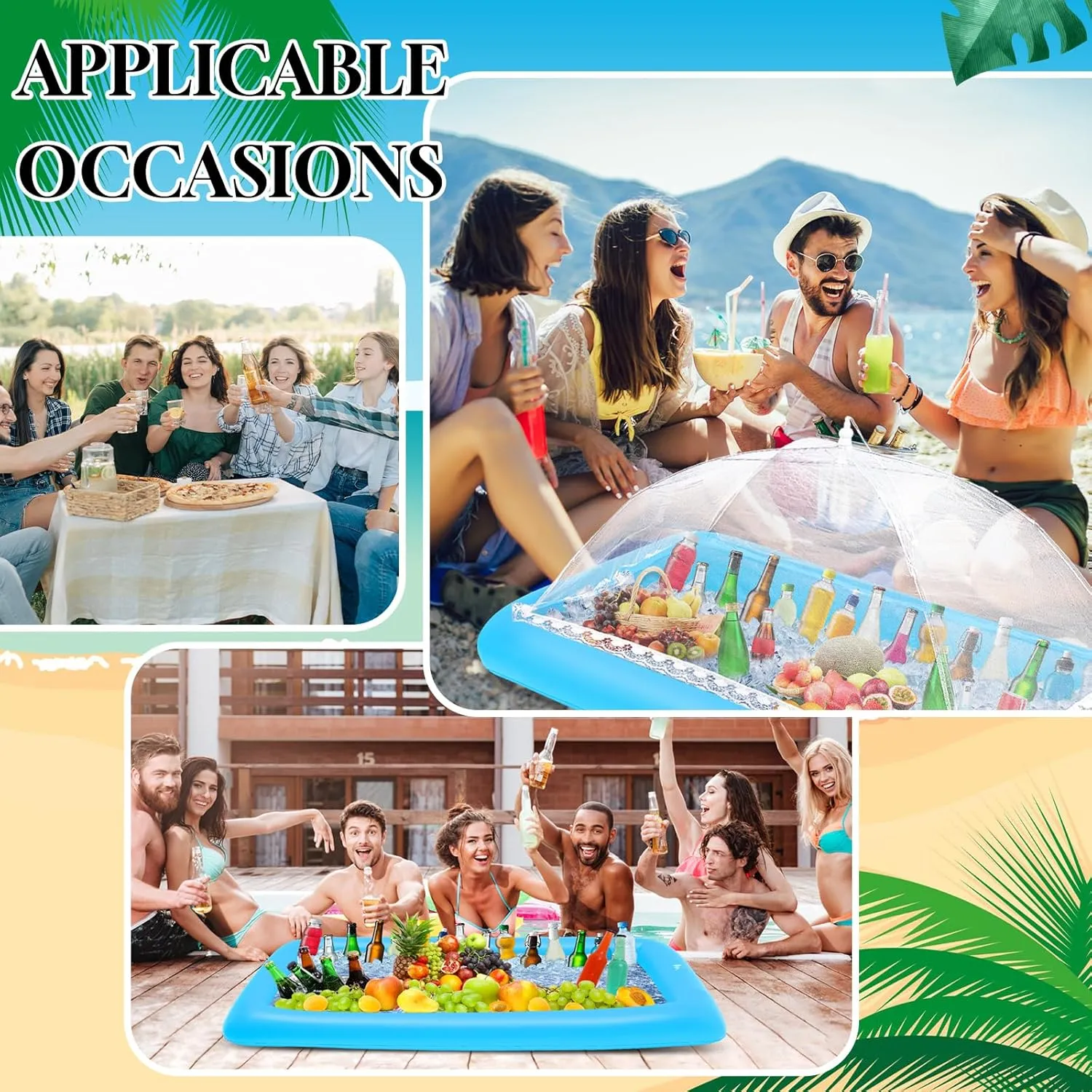 Leitee 4 Pcs Inflatable Ice Tray Serving Bar Buffet Set 2 Pcs Food Umbrella Mesh Covers Tent 2 Pcs Cold Food Cooler Buffet Server for Outdoor Salad Beverage Picnic Pool Party Supplies(Blue)