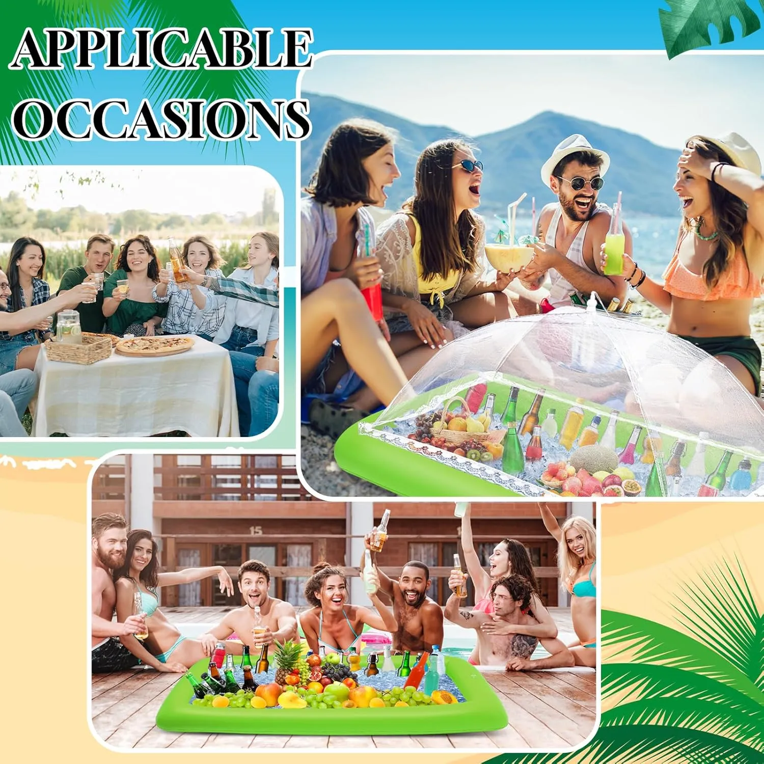 Leitee 4 Pcs Inflatable Ice Tray Serving Bar Buffet Set 2 Pcs Food Umbrella Mesh Covers Tent 2 Pcs Cold Food Cooler Buffet Server for Outdoor Salad Beverage Picnic Pool Party Supplies(Green)