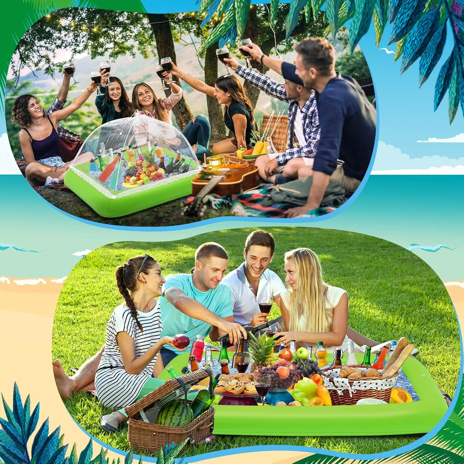 Leitee 4 Pcs Inflatable Ice Tray Serving Bar Buffet Set 2 Pcs Food Umbrella Mesh Covers Tent 2 Pcs Cold Food Cooler Buffet Server for Outdoor Salad Beverage Picnic Pool Party Supplies(Green)