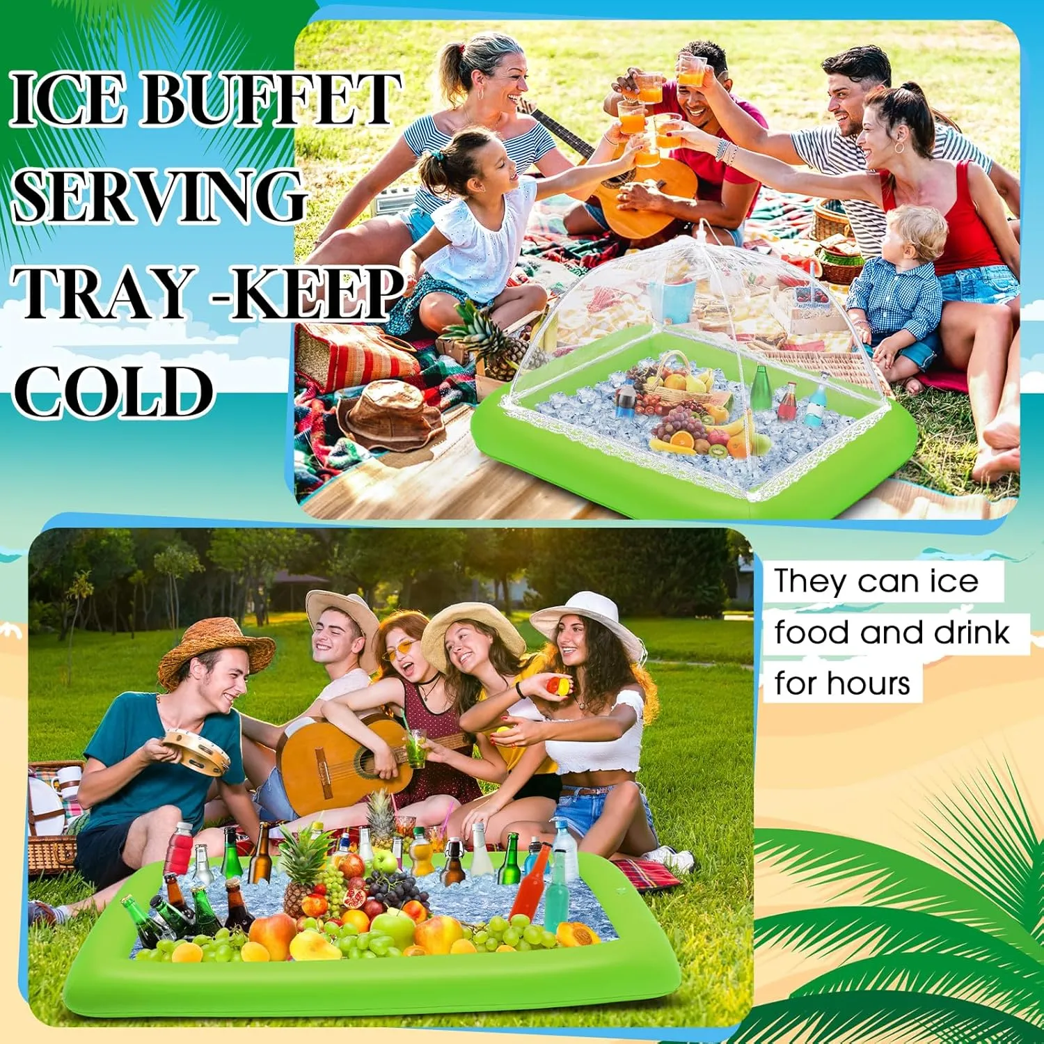 Leitee 4 Pcs Inflatable Ice Tray Serving Bar Buffet Set 2 Pcs Food Umbrella Mesh Covers Tent 2 Pcs Cold Food Cooler Buffet Server for Outdoor Salad Beverage Picnic Pool Party Supplies(Green)