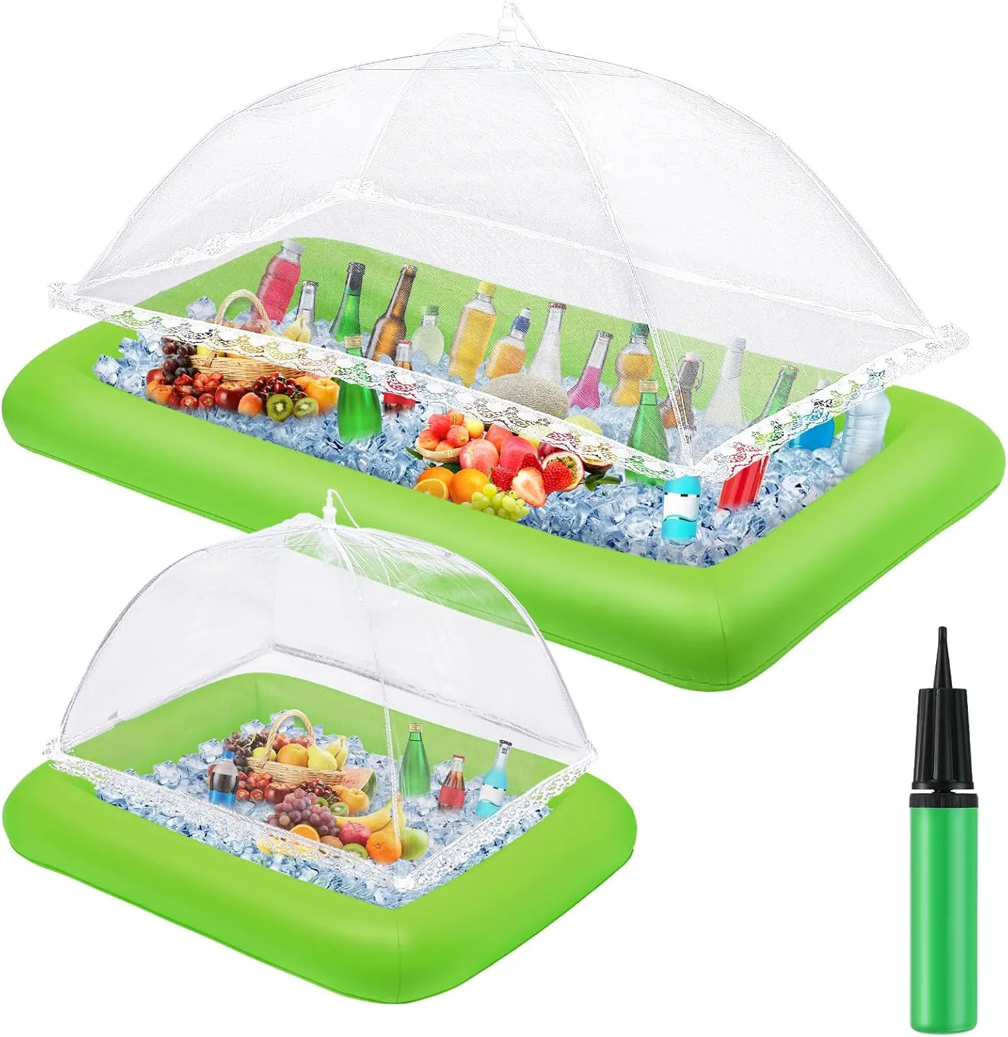 Leitee 4 Pcs Inflatable Ice Tray Serving Bar Buffet Set 2 Pcs Food Umbrella Mesh Covers Tent 2 Pcs Cold Food Cooler Buffet Server for Outdoor Salad Beverage Picnic Pool Party Supplies(Green)