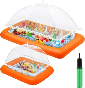 Leitee 4 Pcs Inflatable Ice Tray Serving Bar Buffet Set 2 Pcs Food Umbrella Mesh Covers Tent 2 Pcs Cold Food Cooler Buffet Server for Outdoor Salad Beverage Picnic Pool Party Supplies(Orange)