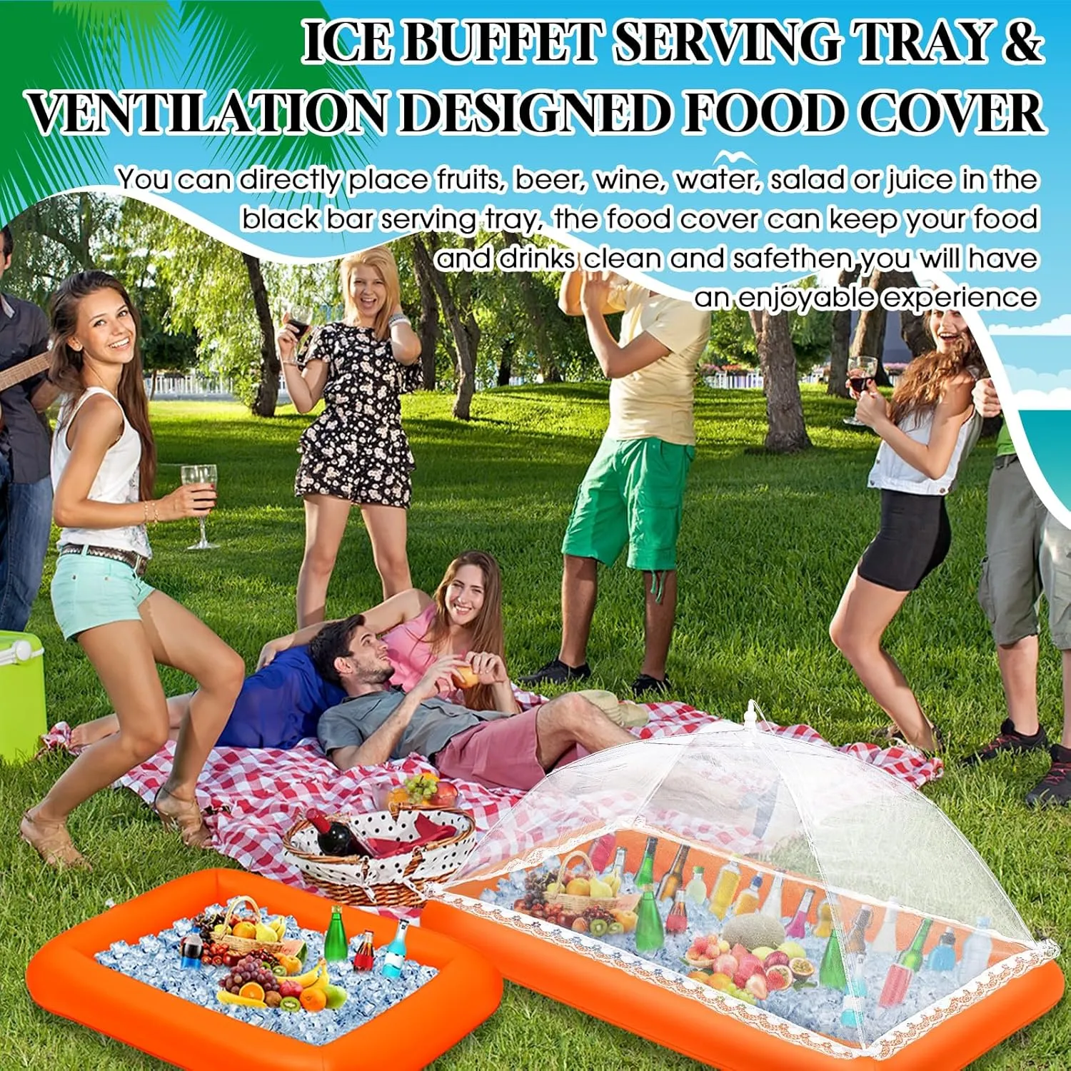Leitee 4 Pcs Inflatable Ice Tray Serving Bar Buffet Set 2 Pcs Food Umbrella Mesh Covers Tent 2 Pcs Cold Food Cooler Buffet Server for Outdoor Salad Beverage Picnic Pool Party Supplies(Orange)