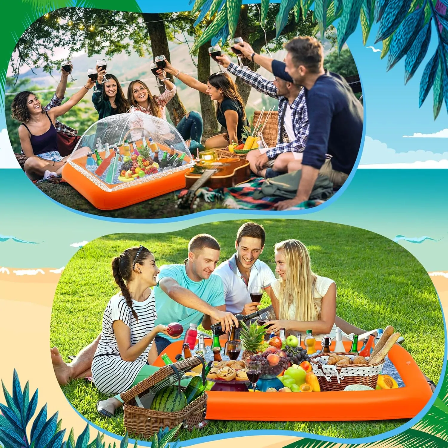 Leitee 4 Pcs Inflatable Ice Tray Serving Bar Buffet Set 2 Pcs Food Umbrella Mesh Covers Tent 2 Pcs Cold Food Cooler Buffet Server for Outdoor Salad Beverage Picnic Pool Party Supplies(Orange)