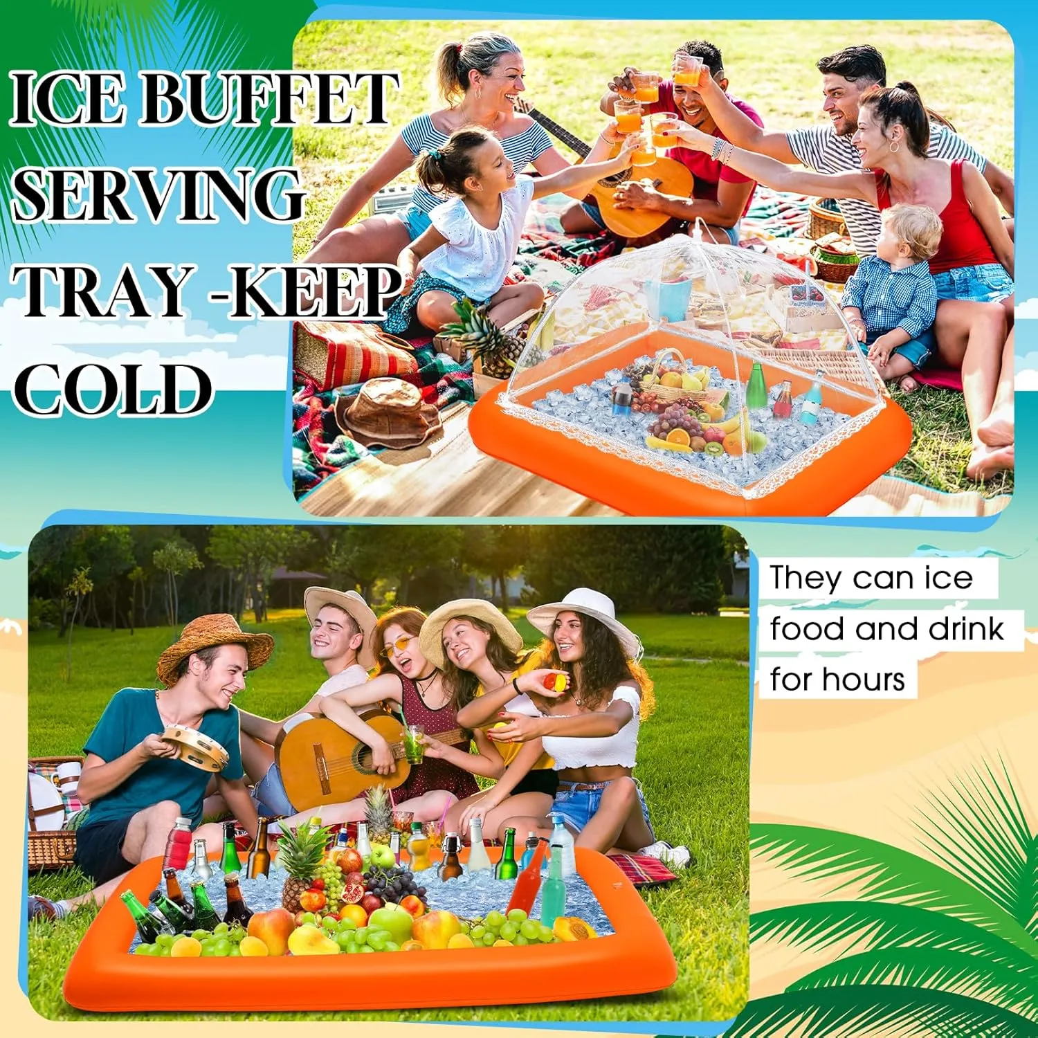 Leitee 4 Pcs Inflatable Ice Tray Serving Bar Buffet Set 2 Pcs Food Umbrella Mesh Covers Tent 2 Pcs Cold Food Cooler Buffet Server for Outdoor Salad Beverage Picnic Pool Party Supplies(Orange)