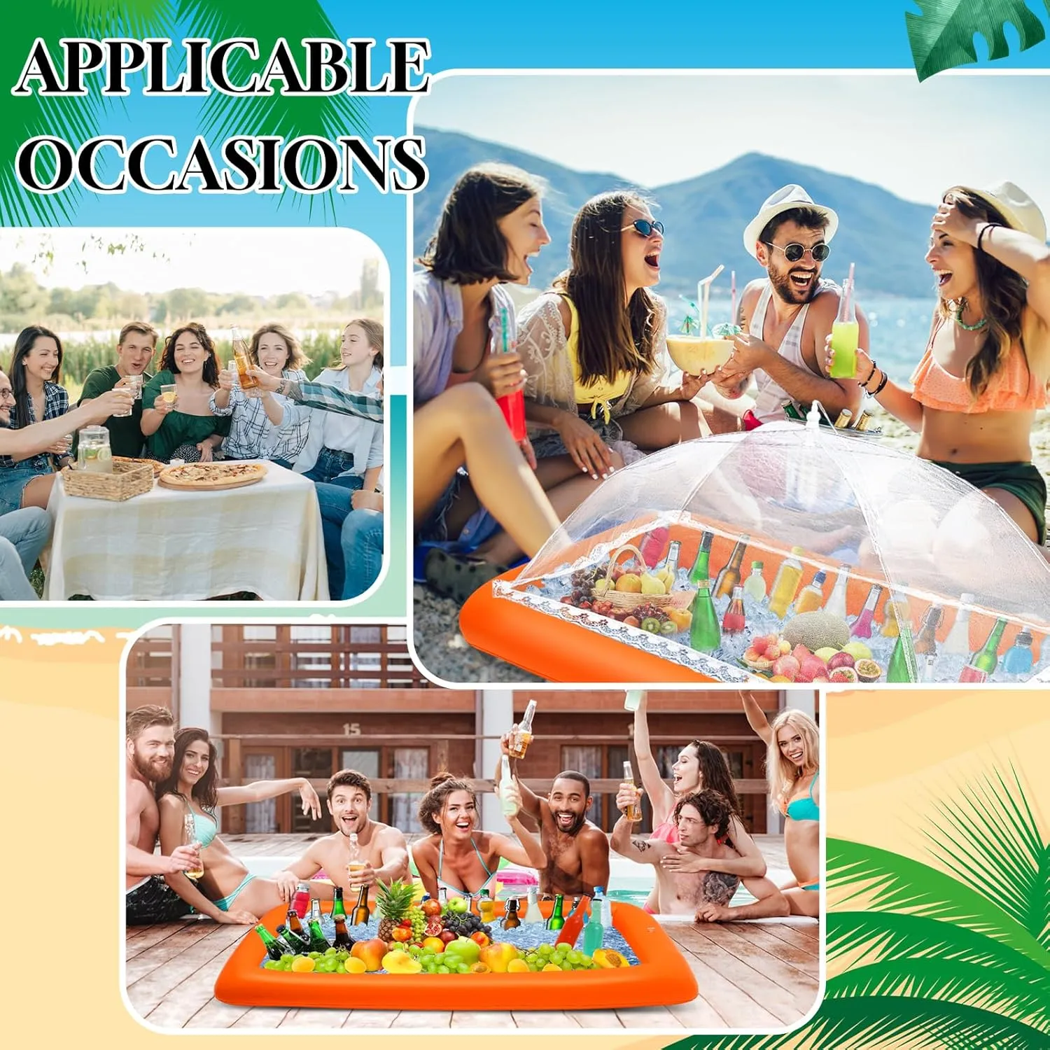 Leitee 4 Pcs Inflatable Ice Tray Serving Bar Buffet Set 2 Pcs Food Umbrella Mesh Covers Tent 2 Pcs Cold Food Cooler Buffet Server for Outdoor Salad Beverage Picnic Pool Party Supplies(Orange)