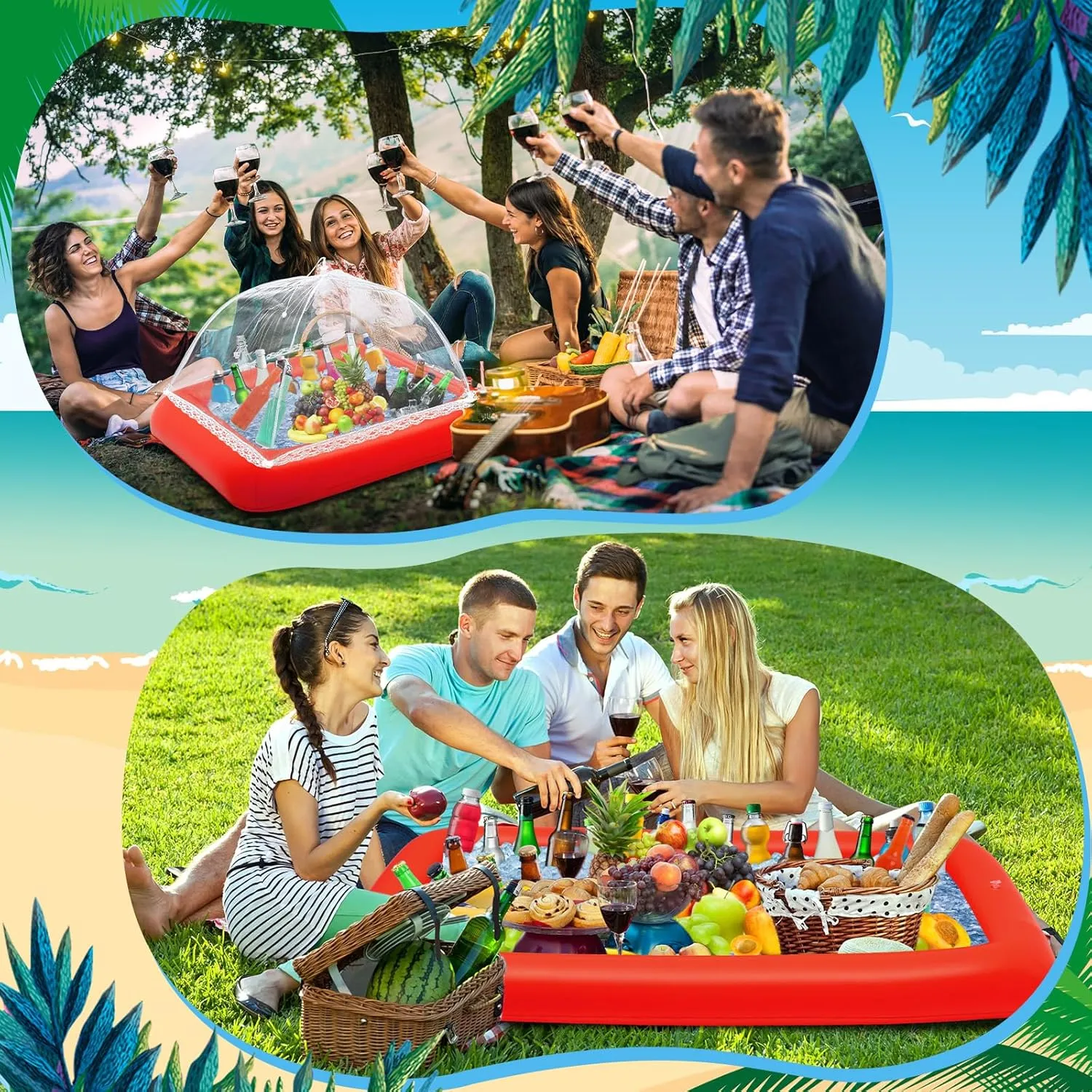 Leitee 4 Pcs Inflatable Ice Tray Serving Bar Buffet Set 2 Pcs Food Umbrella Mesh Covers Tent 2 Pcs Cold Food Cooler Buffet Server for Outdoor Salad Beverage Picnic Pool Party Supplies(Red)