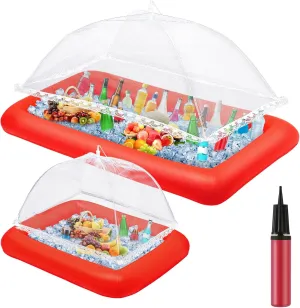 Leitee 4 Pcs Inflatable Ice Tray Serving Bar Buffet Set 2 Pcs Food Umbrella Mesh Covers Tent 2 Pcs Cold Food Cooler Buffet Server for Outdoor Salad Beverage Picnic Pool Party Supplies(Red)