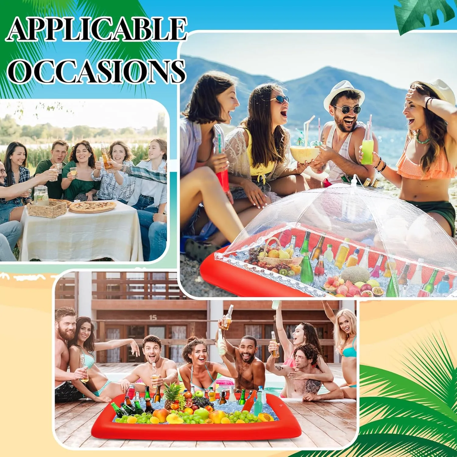 Leitee 4 Pcs Inflatable Ice Tray Serving Bar Buffet Set 2 Pcs Food Umbrella Mesh Covers Tent 2 Pcs Cold Food Cooler Buffet Server for Outdoor Salad Beverage Picnic Pool Party Supplies(Red)