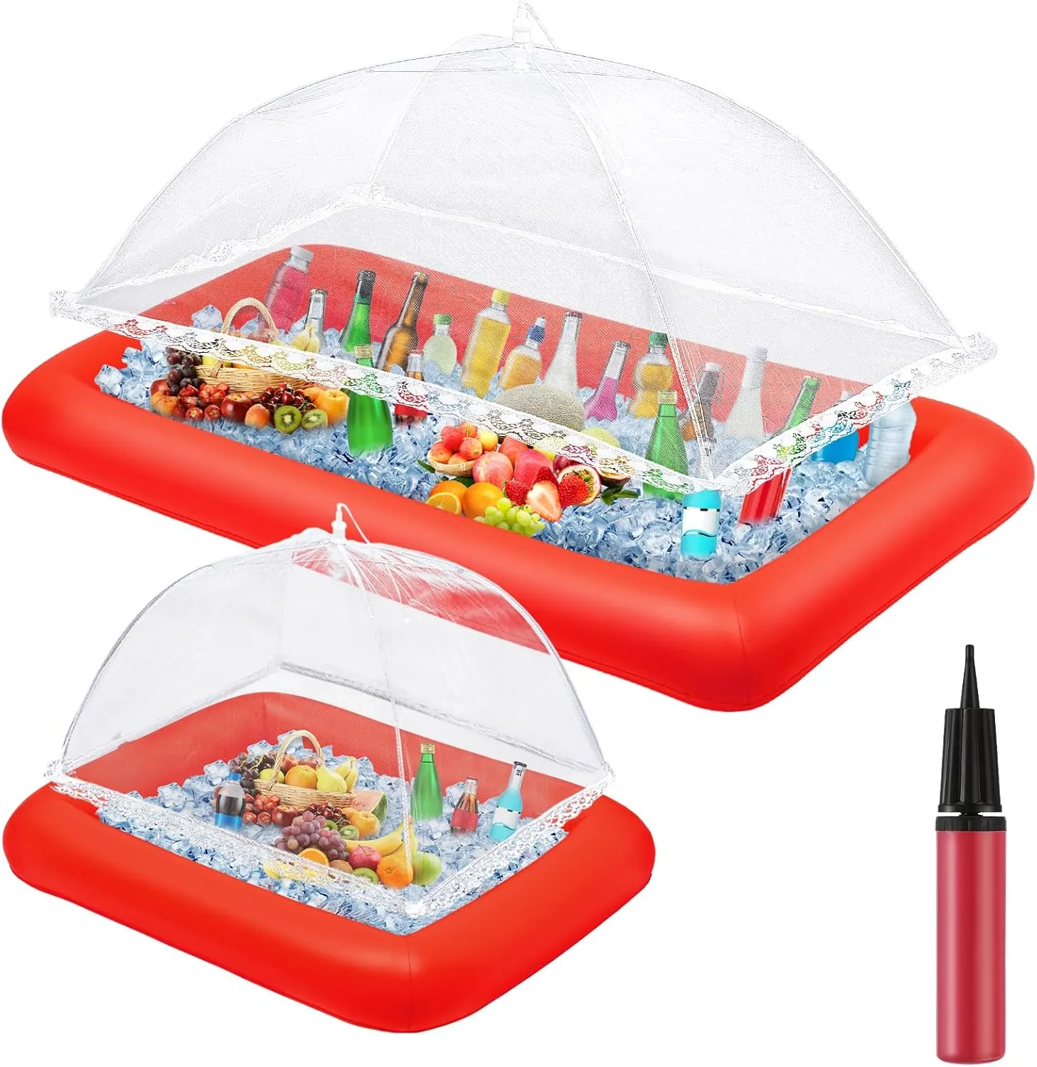 Leitee 4 Pcs Inflatable Ice Tray Serving Bar Buffet Set 2 Pcs Food Umbrella Mesh Covers Tent 2 Pcs Cold Food Cooler Buffet Server for Outdoor Salad Beverage Picnic Pool Party Supplies(Red)