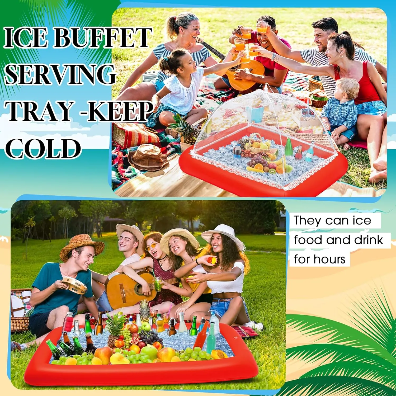 Leitee 4 Pcs Inflatable Ice Tray Serving Bar Buffet Set 2 Pcs Food Umbrella Mesh Covers Tent 2 Pcs Cold Food Cooler Buffet Server for Outdoor Salad Beverage Picnic Pool Party Supplies(Red)