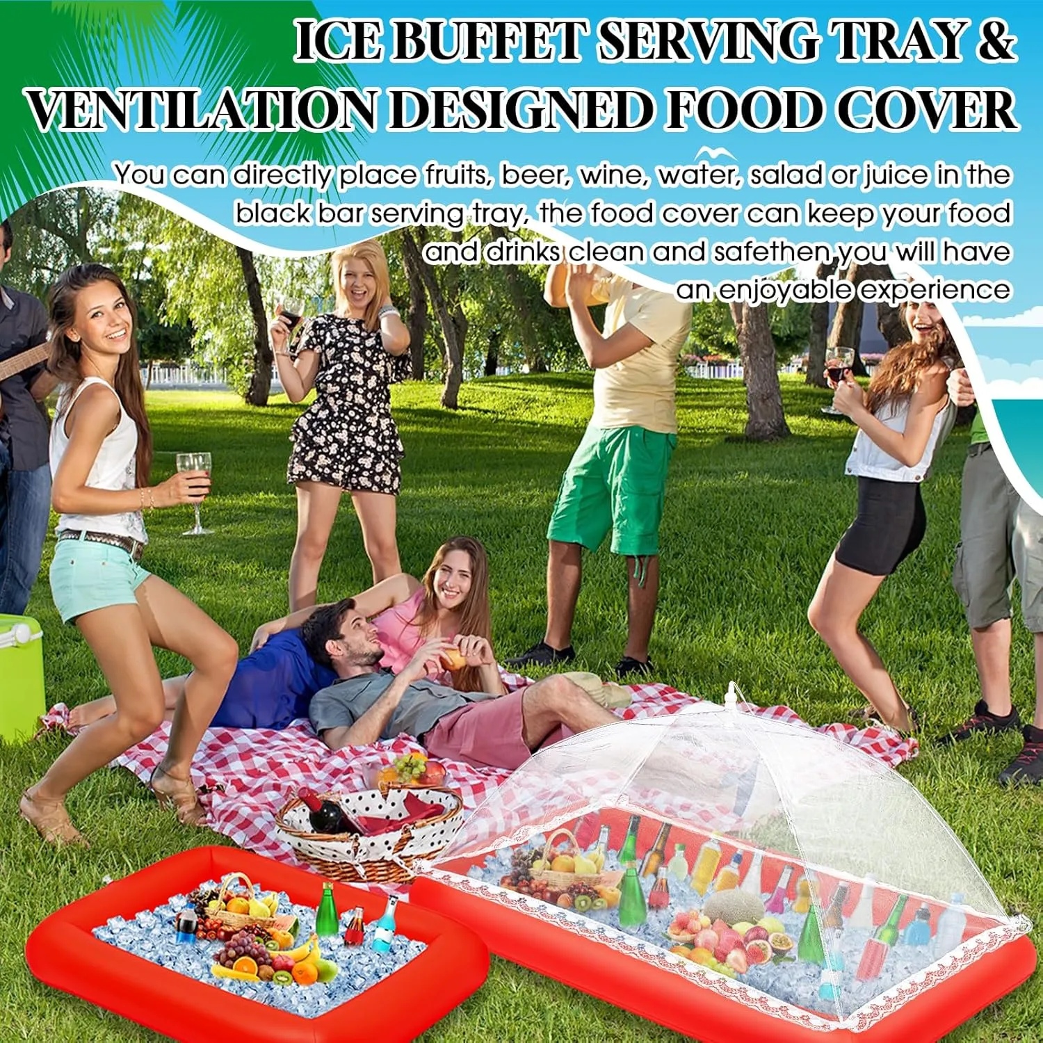 Leitee 4 Pcs Inflatable Ice Tray Serving Bar Buffet Set 2 Pcs Food Umbrella Mesh Covers Tent 2 Pcs Cold Food Cooler Buffet Server for Outdoor Salad Beverage Picnic Pool Party Supplies(Red)