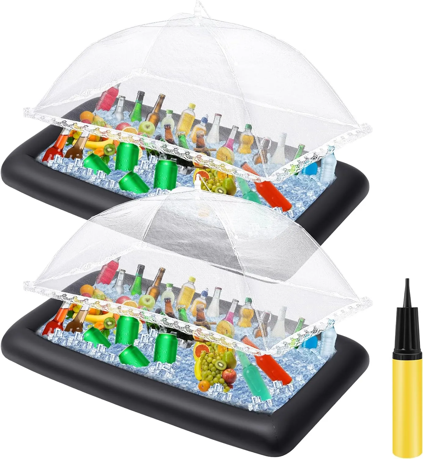 Leitee Inflatable Serving Bar Kit Includes Salad Buffet Tray with Drain Plug Mesh Food Cover Food Drink Containers and Inflator for Ice Supplies Summer Party Camping Picnic(Black)