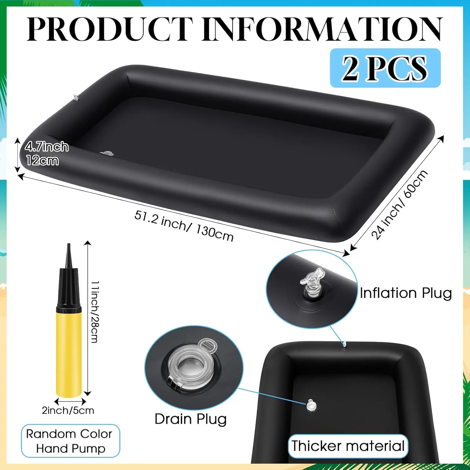 Leitee Inflatable Serving Bar Kit Includes Salad Buffet Tray with Drain Plug Mesh Food Cover Food Drink Containers and Inflator for Ice Supplies Summer Party Camping Picnic(Black)