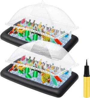Leitee Inflatable Serving Bar Kit Includes Salad Buffet Tray with Drain Plug Mesh Food Cover Food Drink Containers and Inflator for Ice Supplies Summer Party Camping Picnic(Black)
