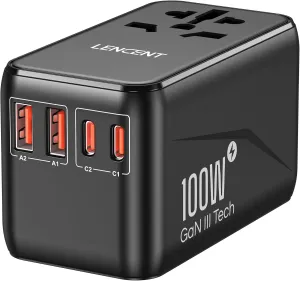 LENCENT Universal Travel Adapter, 100W GaN3 International Adaptor with 2 QC4.0 USB-A 2 PD3.0 Type-C PPS Fast Charging, Worldwide Wall Charger for iPhone,Samsung,Laptop, Plug Adapter USA/UK/EU/AU Black