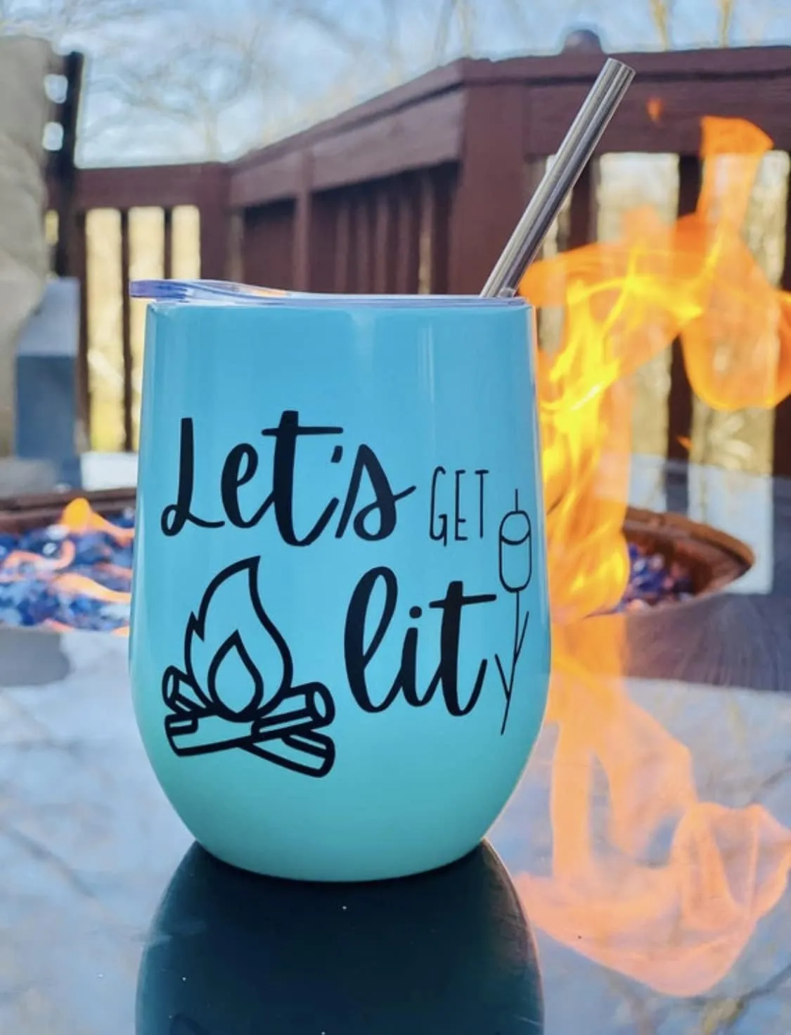 Let’s get lit stemless wine glass. Bonfire tumbler. Camp fire glasses. Summer wine. Spring wine. Camping gear. S’mores glass. Camping glass. Mother’s Day. Father’s Day. Fourth of July. (Rose tumbler)