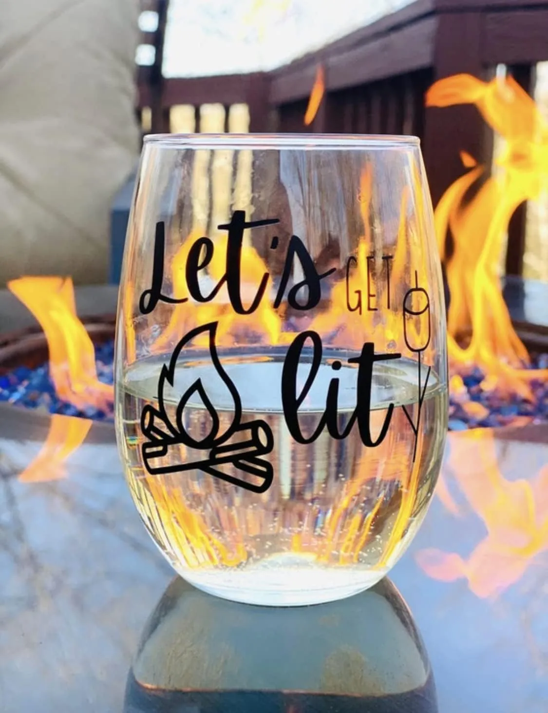 Let’s get lit stemless wine glass. Bonfire tumbler. Camp fire glasses. Summer wine. Spring wine. Camping gear. S’mores glass. Camping glass. Mother’s Day. Father’s Day. Fourth of July. (Rose tumbler)