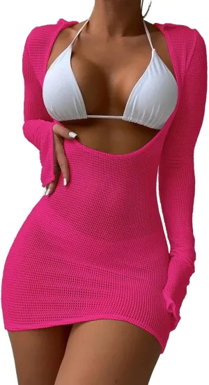 Lilosy Sexy Long Sleeve Mesh Swimsuit 3 Pieces Cover Up Bikini Set