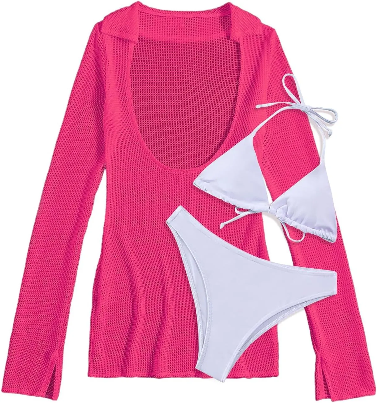 Lilosy Sexy Long Sleeve Mesh Swimsuit 3 Pieces Cover Up Bikini Set