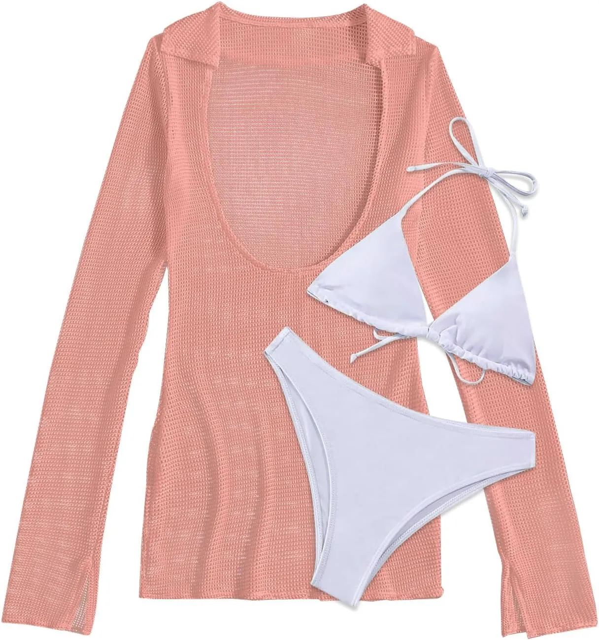 Lilosy Sexy Long Sleeve Mesh Swimsuit 3 Pieces Cover Up Bikini Set