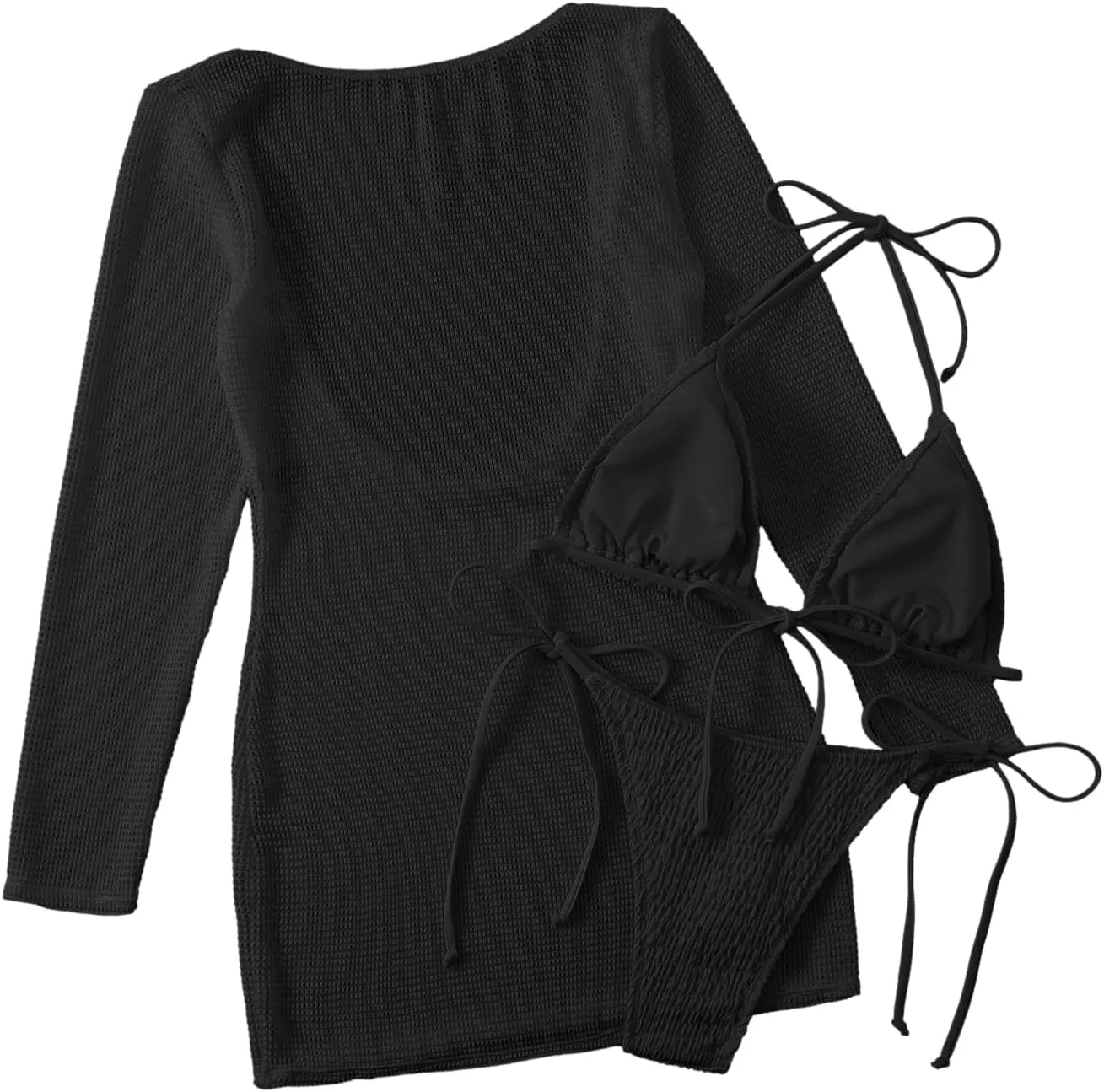 Lilosy Sexy Long Sleeve Mesh Swimsuit 3 Pieces Cover Up Bikini Set