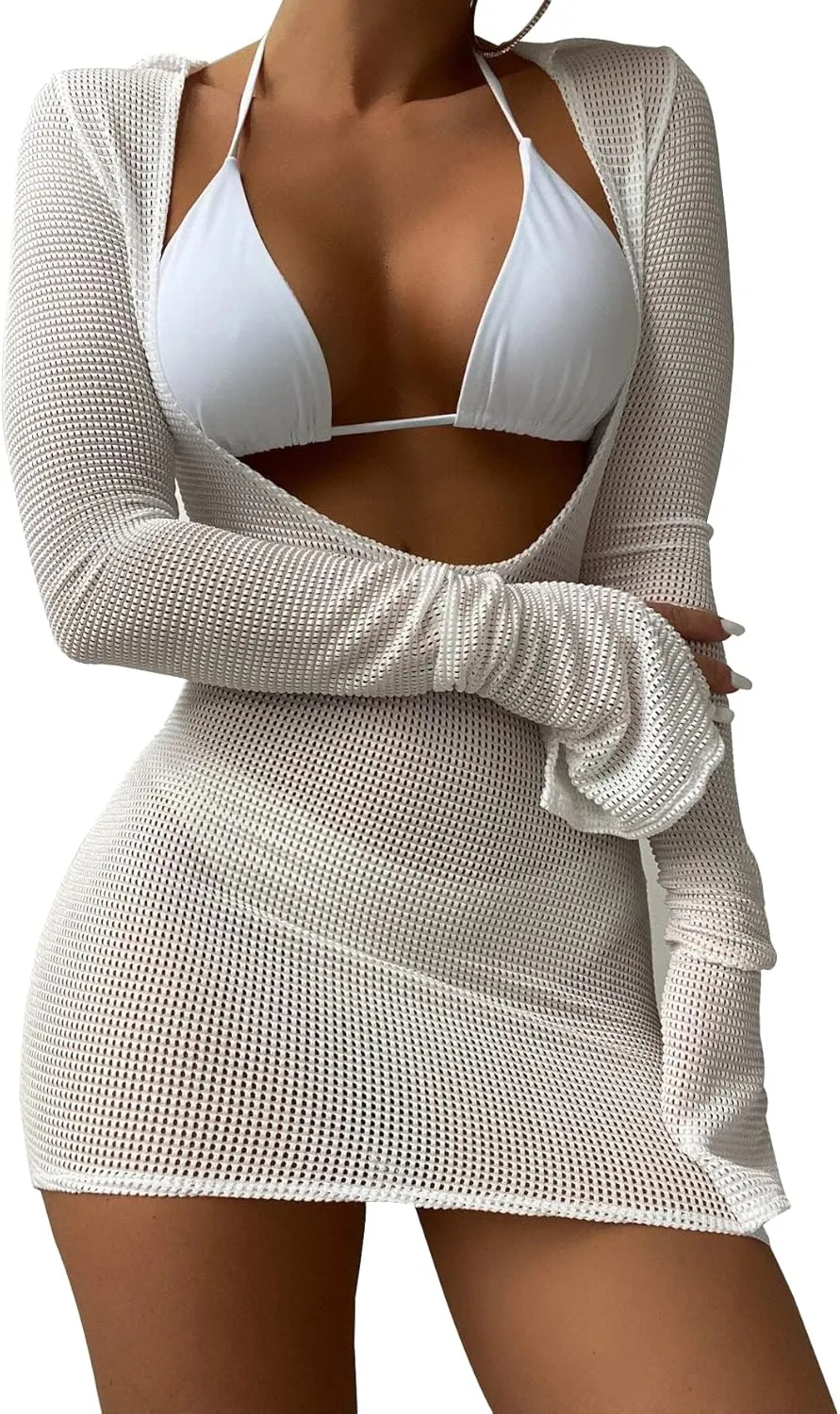 Lilosy Sexy Long Sleeve Mesh Swimsuit 3 Pieces Cover Up Bikini Set