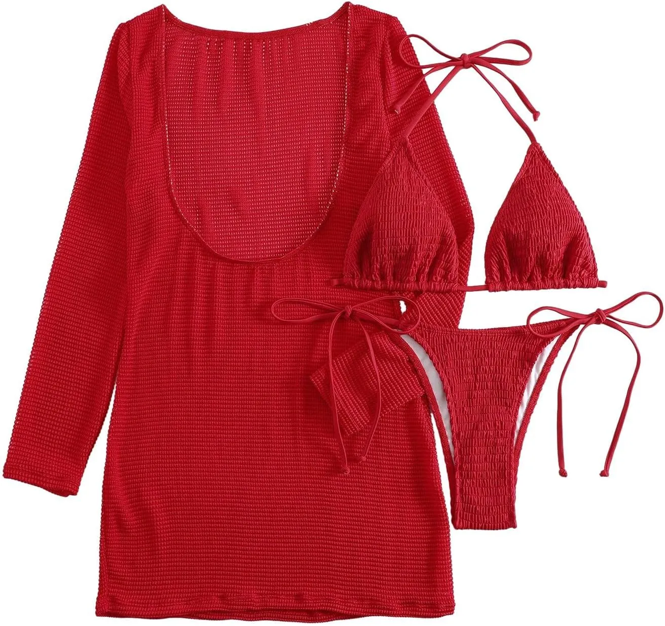 Lilosy Sexy Long Sleeve Mesh Swimsuit 3 Pieces Cover Up Bikini Set