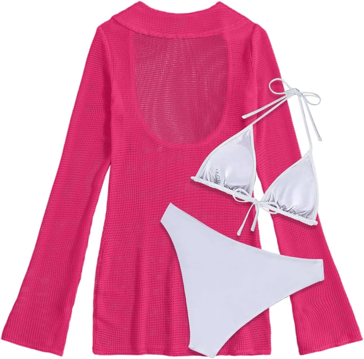 Lilosy Sexy Long Sleeve Mesh Swimsuit 3 Pieces Cover Up Bikini Set