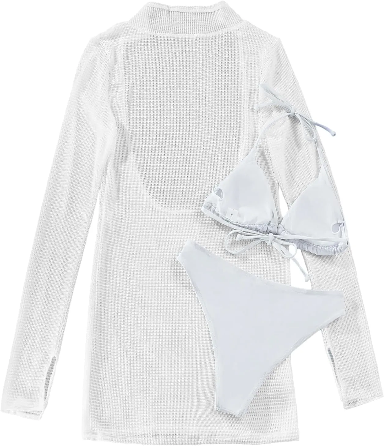 Lilosy Sexy Long Sleeve Mesh Swimsuit 3 Pieces Cover Up Bikini Set