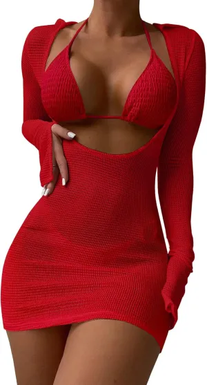 Lilosy Sexy Long Sleeve Mesh Swimsuit 3 Pieces Cover Up Bikini Set