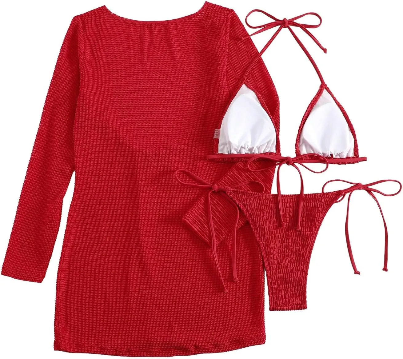 Lilosy Sexy Long Sleeve Mesh Swimsuit 3 Pieces Cover Up Bikini Set