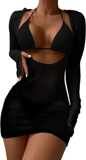 Lilosy Sexy Long Sleeve Mesh Swimsuit 3 Pieces Cover Up Bikini Set