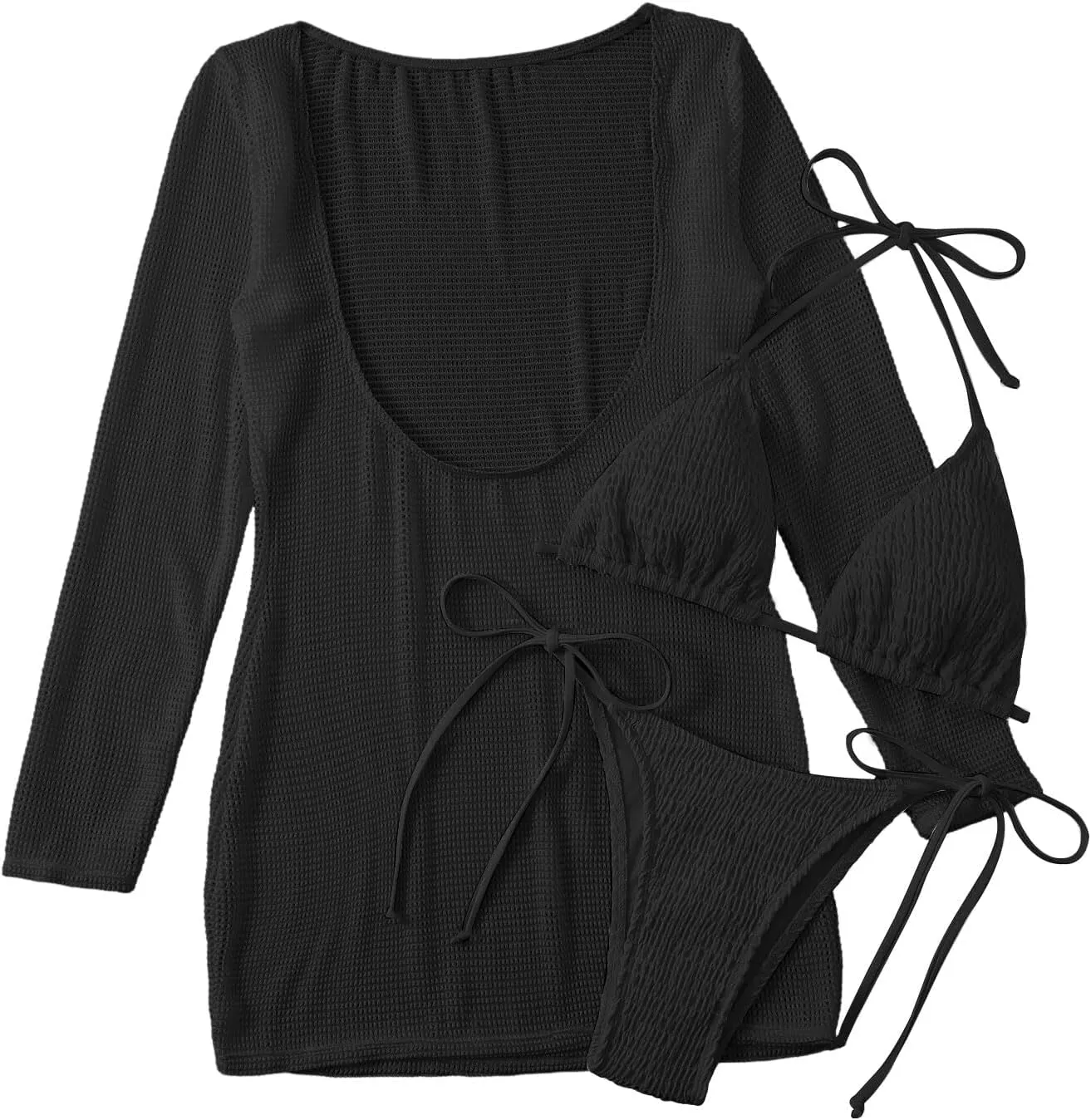 Lilosy Sexy Long Sleeve Mesh Swimsuit 3 Pieces Cover Up Bikini Set