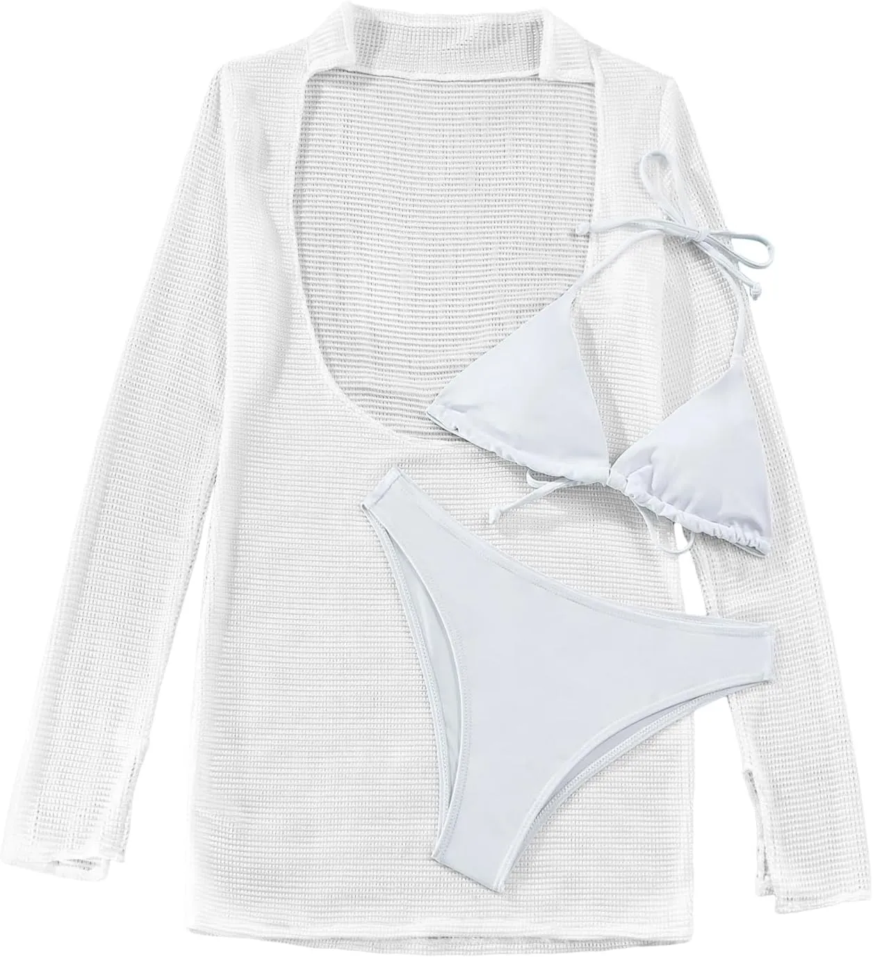 Lilosy Sexy Long Sleeve Mesh Swimsuit 3 Pieces Cover Up Bikini Set