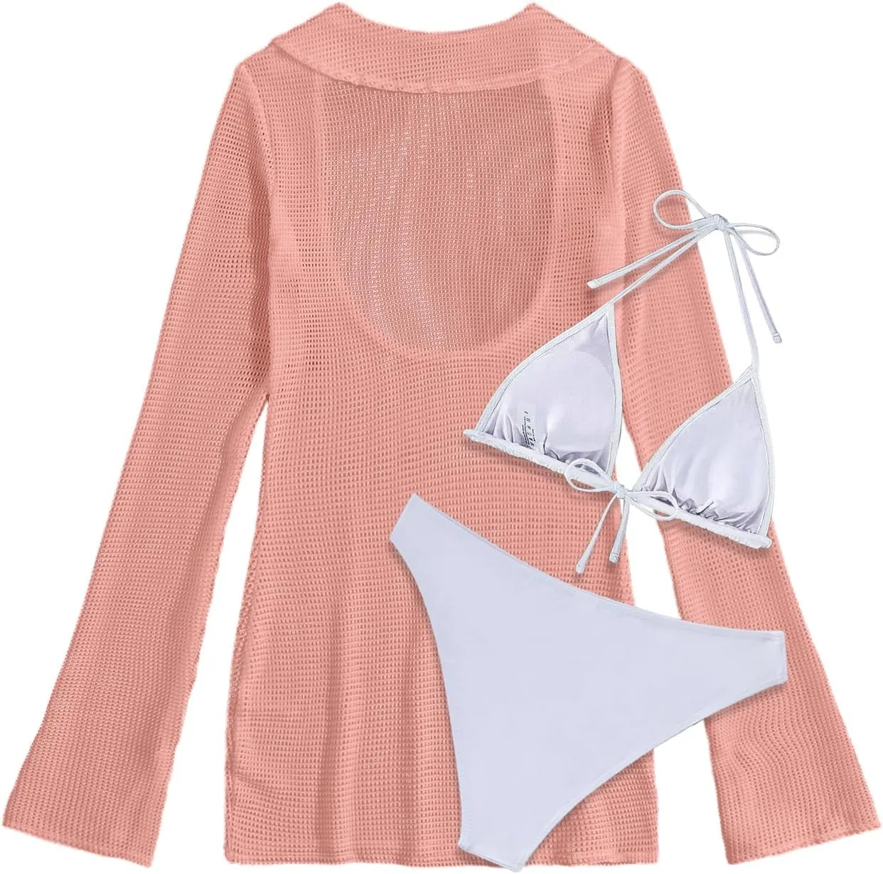 Lilosy Sexy Long Sleeve Mesh Swimsuit 3 Pieces Cover Up Bikini Set