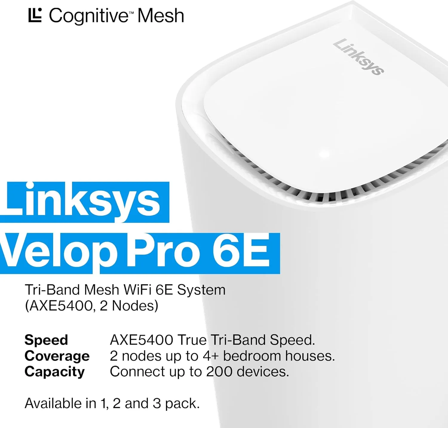 Linksys Velop Pro 6E WiFi Mesh System | Two Cognitive Mesh Tri-Band routers with 5.4 Gbps (AXE5400) Speed | Whole Home Coverage up to 6,000 sq ft | Connect 200  Devices | 2Pk MXEC622 | 2023 Release