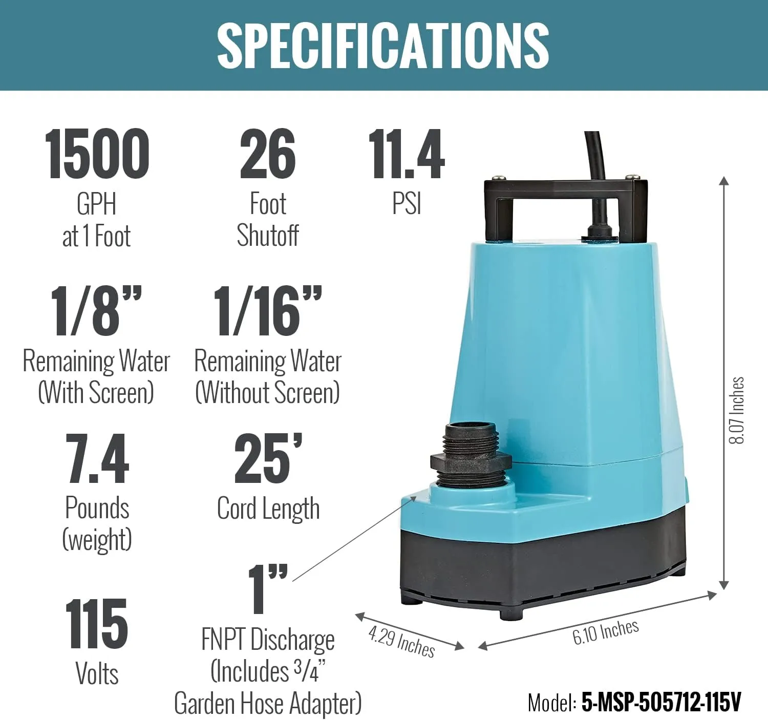 Little Giant 5-MSP 115-Volt, 1/6 HP, 1500 GPH, Aluminum Manual Utility Pump, 25-Ft. Cord, Blue 505712