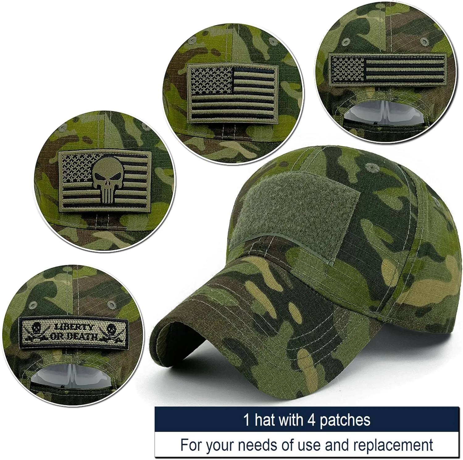 Loneshark Tactical Military Mens Camo Baseball Hat with American Flag Skull Patch Patriotic Operator Camouflage Cap for Women