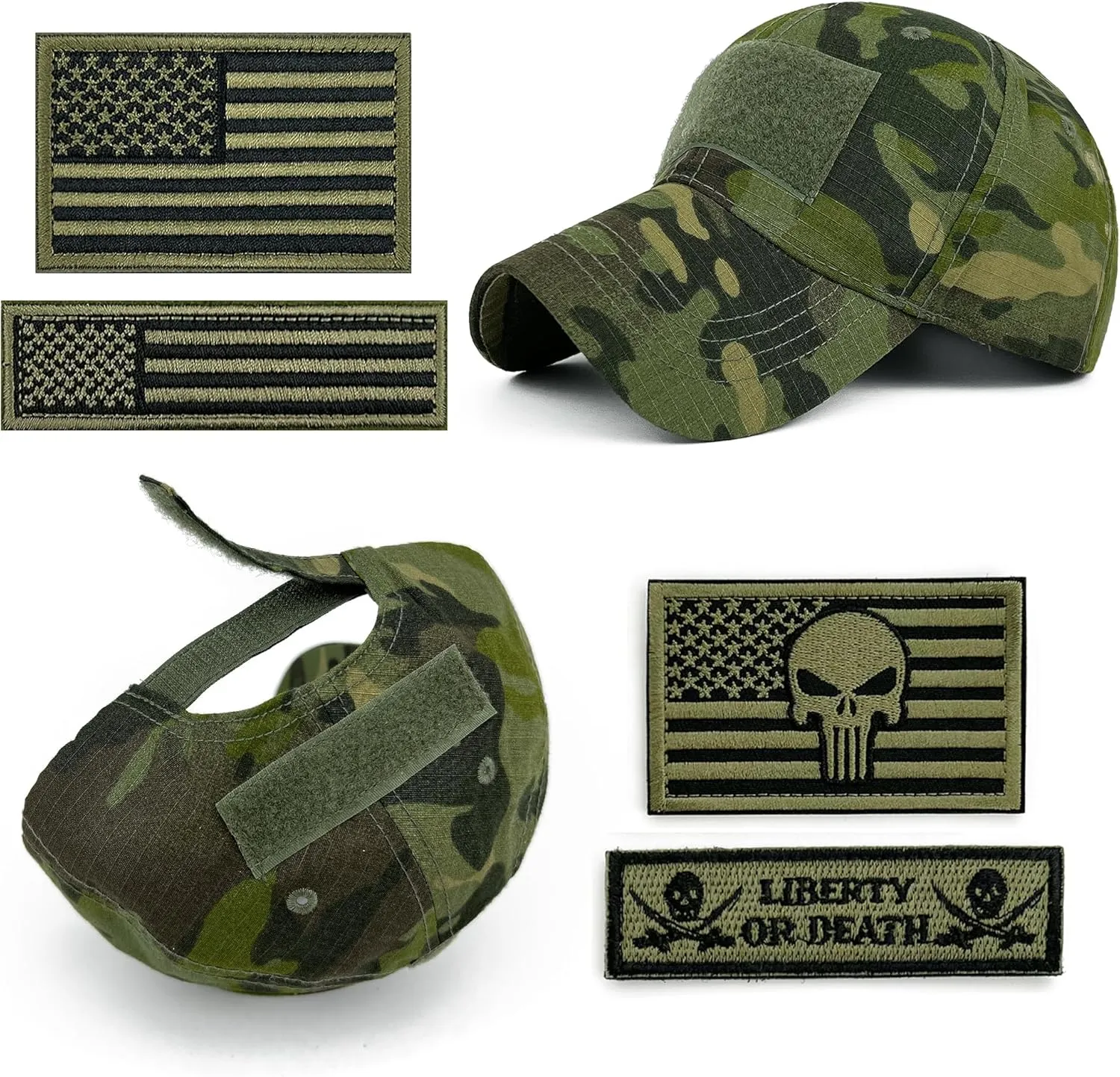 Loneshark Tactical Military Mens Camo Baseball Hat with American Flag Skull Patch Patriotic Operator Camouflage Cap for Women