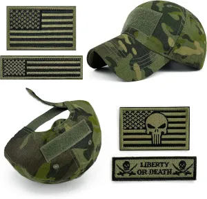 Loneshark Tactical Military Mens Camo Baseball Hat with American Flag Skull Patch Patriotic Operator Camouflage Cap for Women